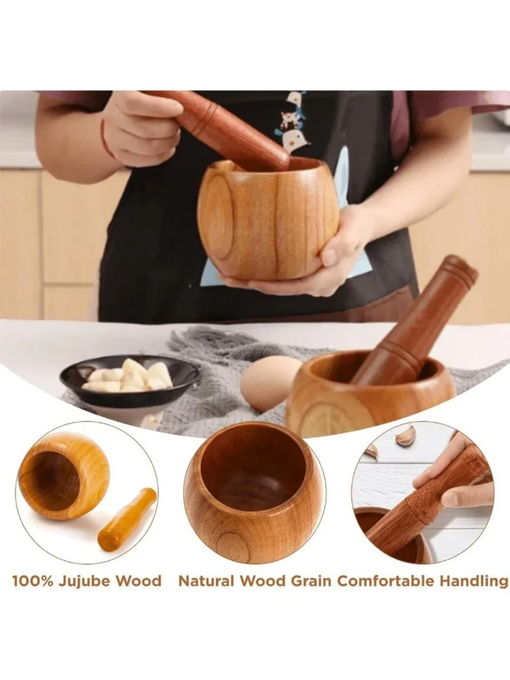 2 Pack Wooden Mortar & Pestle Set - Jujube Wood Herb & Spice Grinder for Kitchen